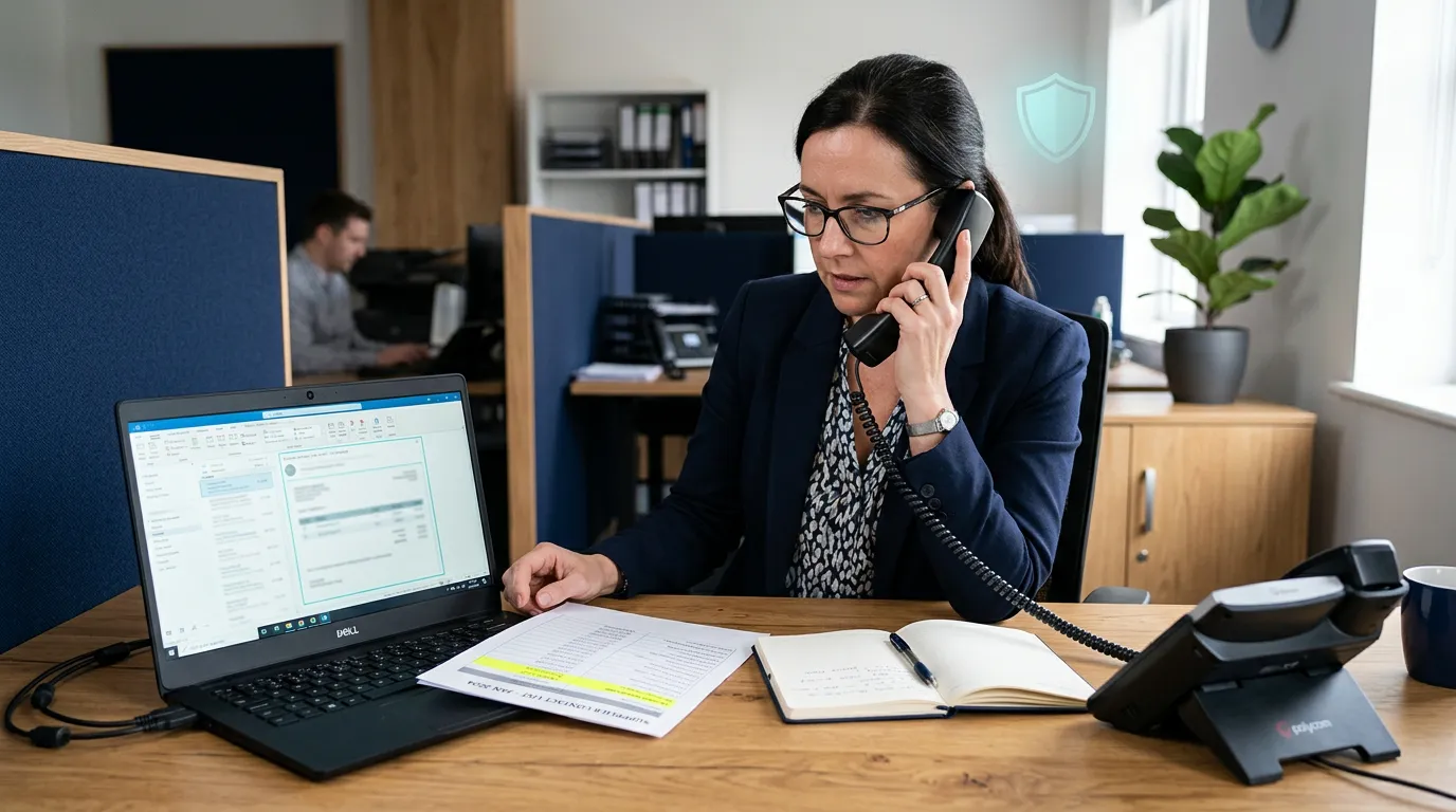A finance administrator phoning a supplier on a known number to verify a bank-detail change