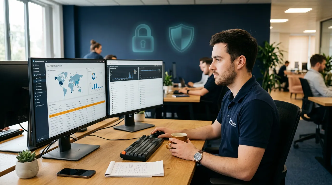 An IT security analyst reviewing Microsoft 365 sign-in activity with one event flagged